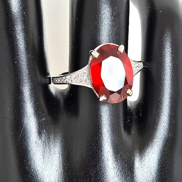 925 Sterling Silver Ring with Natural  Hessonite Garnet Gem & CZ - Picture 14 of 16